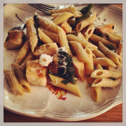 OinK's Whole Wheat Penne with Roasted Asparagus, Sautéed Chicken, Spinach and Goat Cheese Cream Sauce